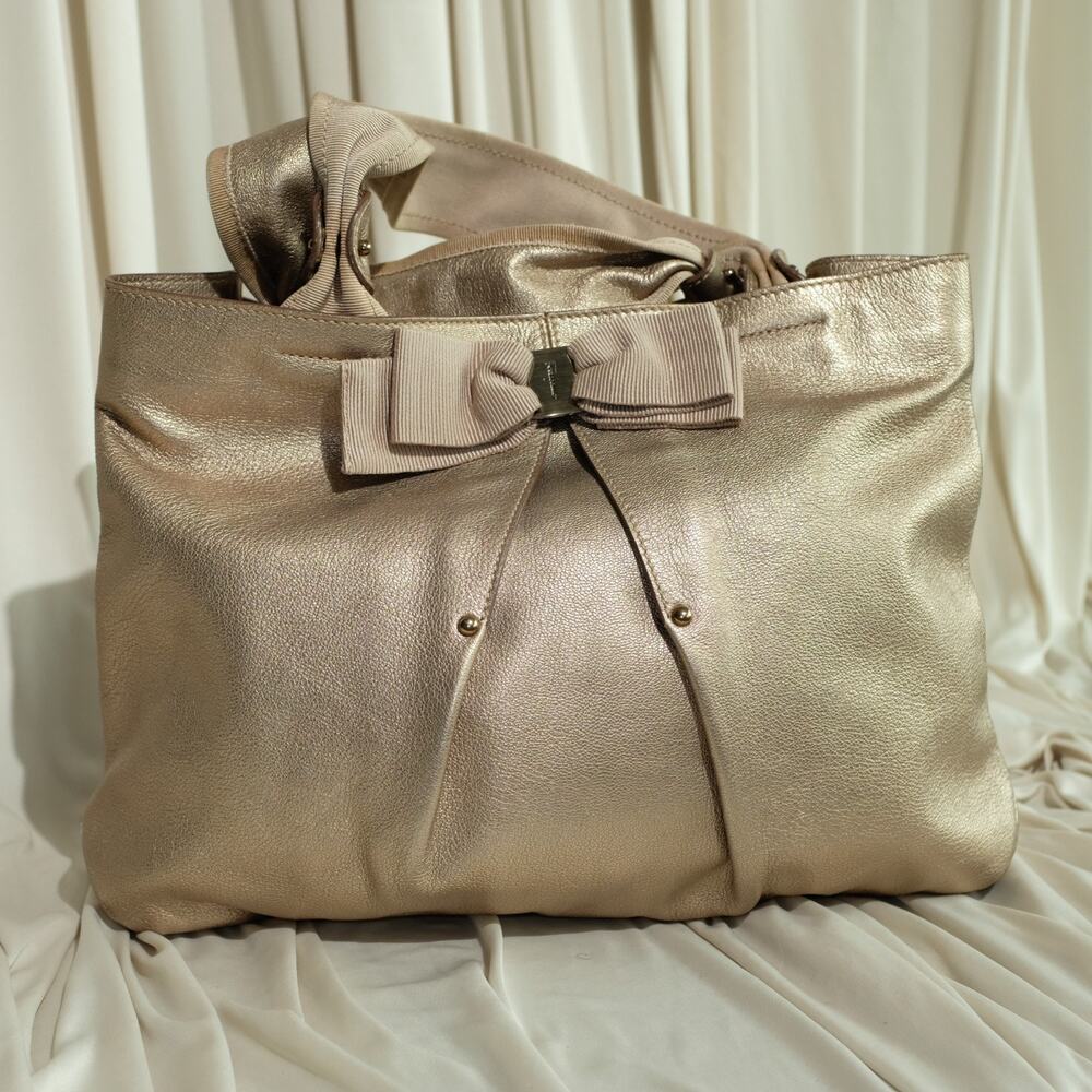 Salvatore Ferragamo Metallic Bronze Leather Miss Vara Bow Tote